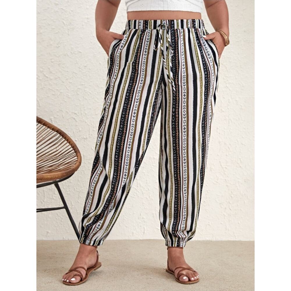SHEIN VCAY Plus Geo Print Knot Waist Pants Boho Jogger Style Womens Plus Size 3X